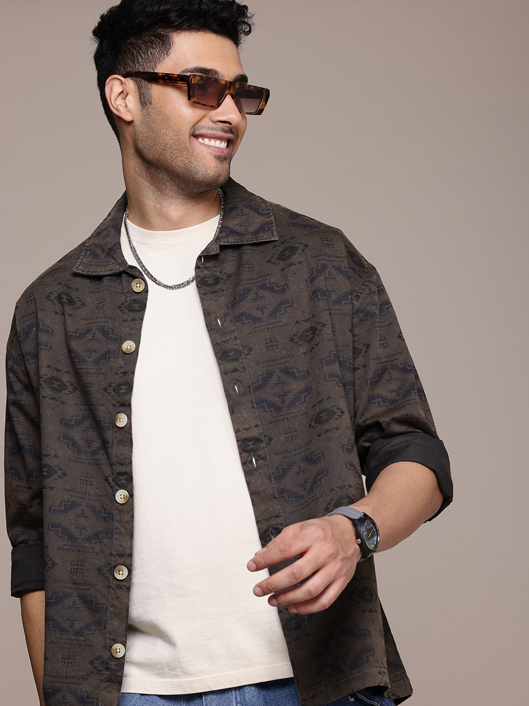 WROGN Men Aztec Print  Cotton Oversized Casual Shirt