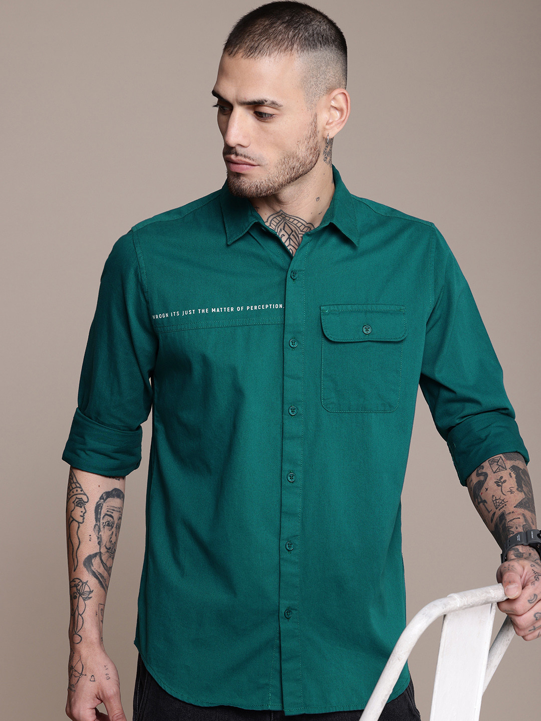 WROGN  Cotton Minimal Printed Casual Shirt
