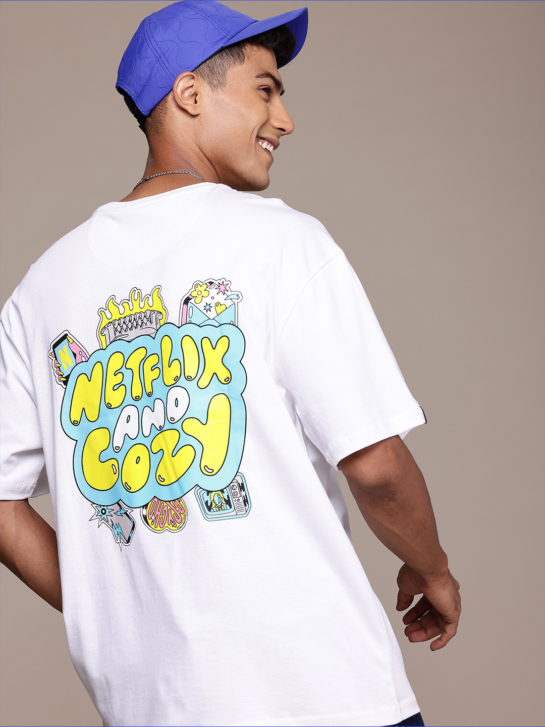 WROGN X NETFLIX Typography Printed Drop-Shoulder Sleeves  Cotton Oversized T-shirt