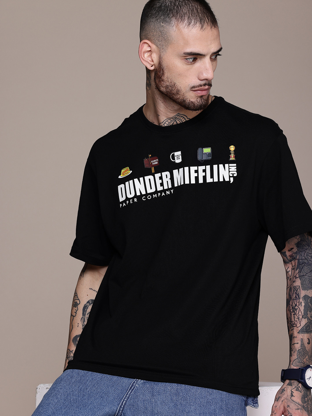 WROGN X The Office Typography Printed Oversized Drop-Shoulder Sleeves  Cotton T-shirt