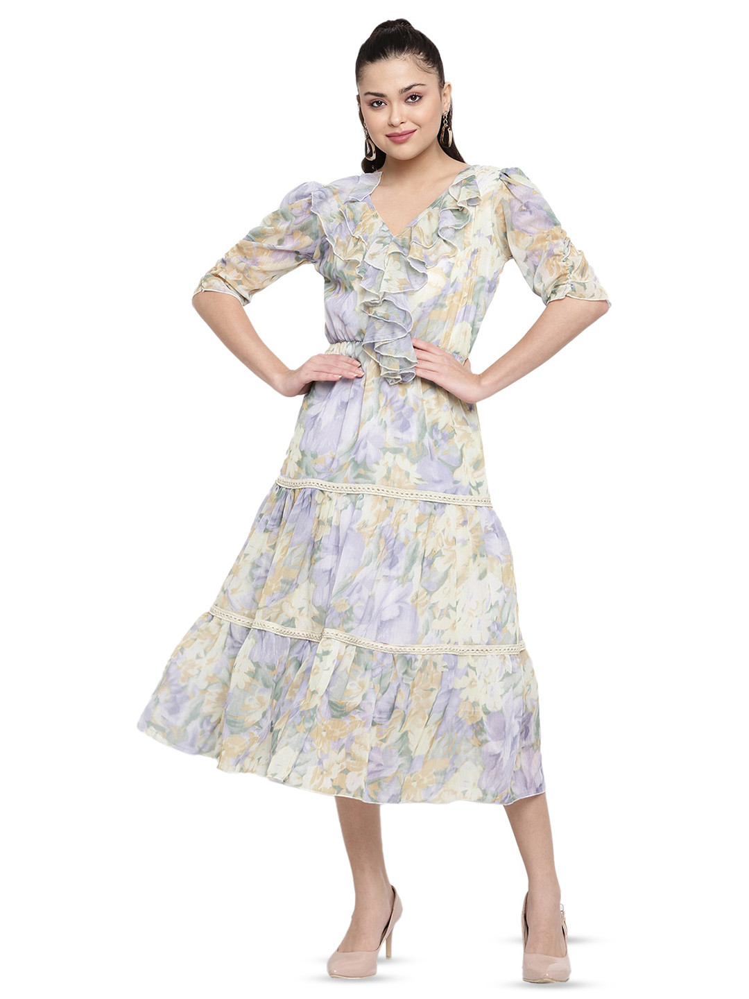 BAESD Floral Print Ruffled Georgette Chiffon Tiered Fit & Flare Midi Dress