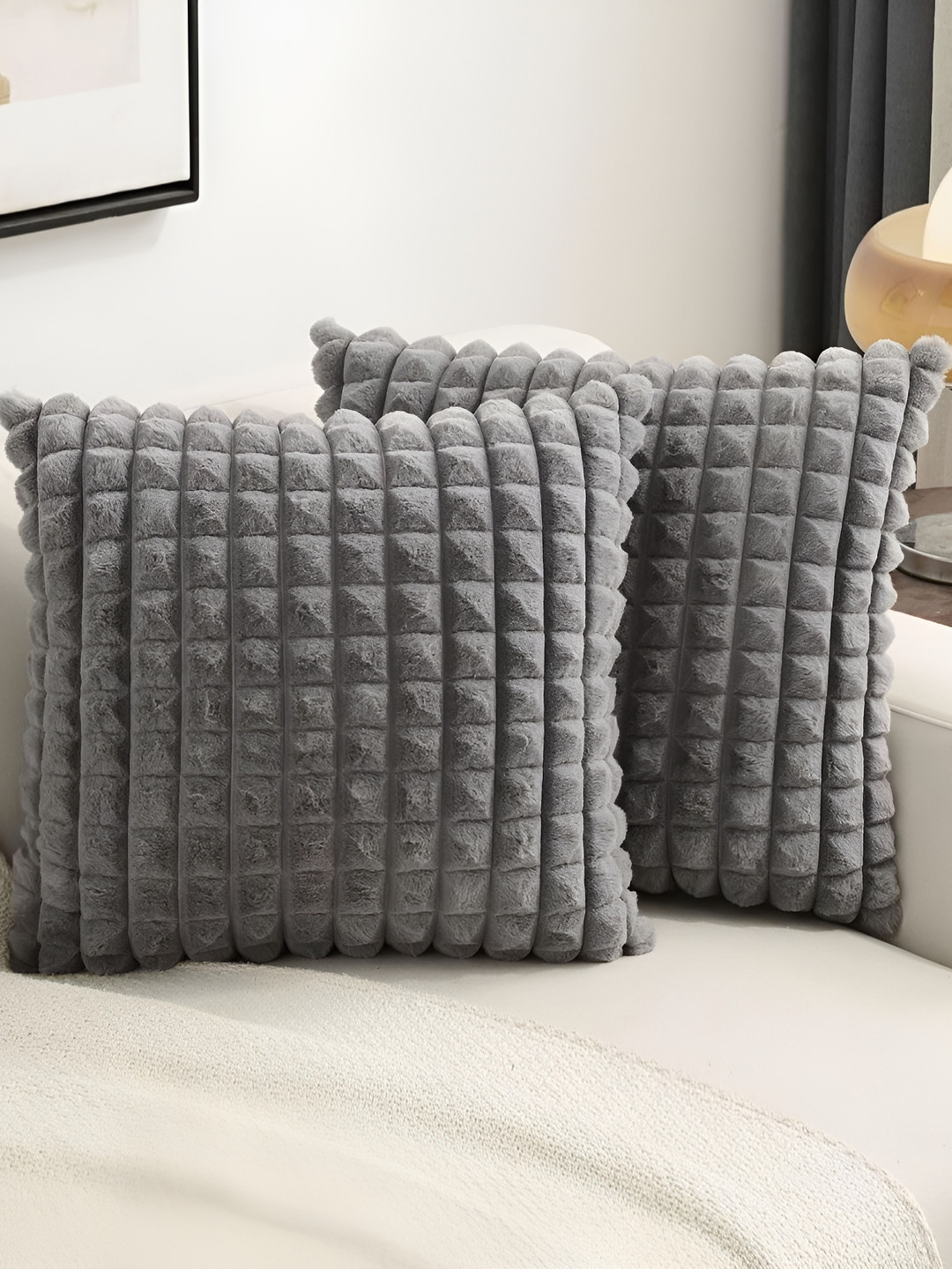 TANLOOMS Grey Checked Velvet Washable 2 Pcs Textured Square Cushion Covers - 16 x 16 In