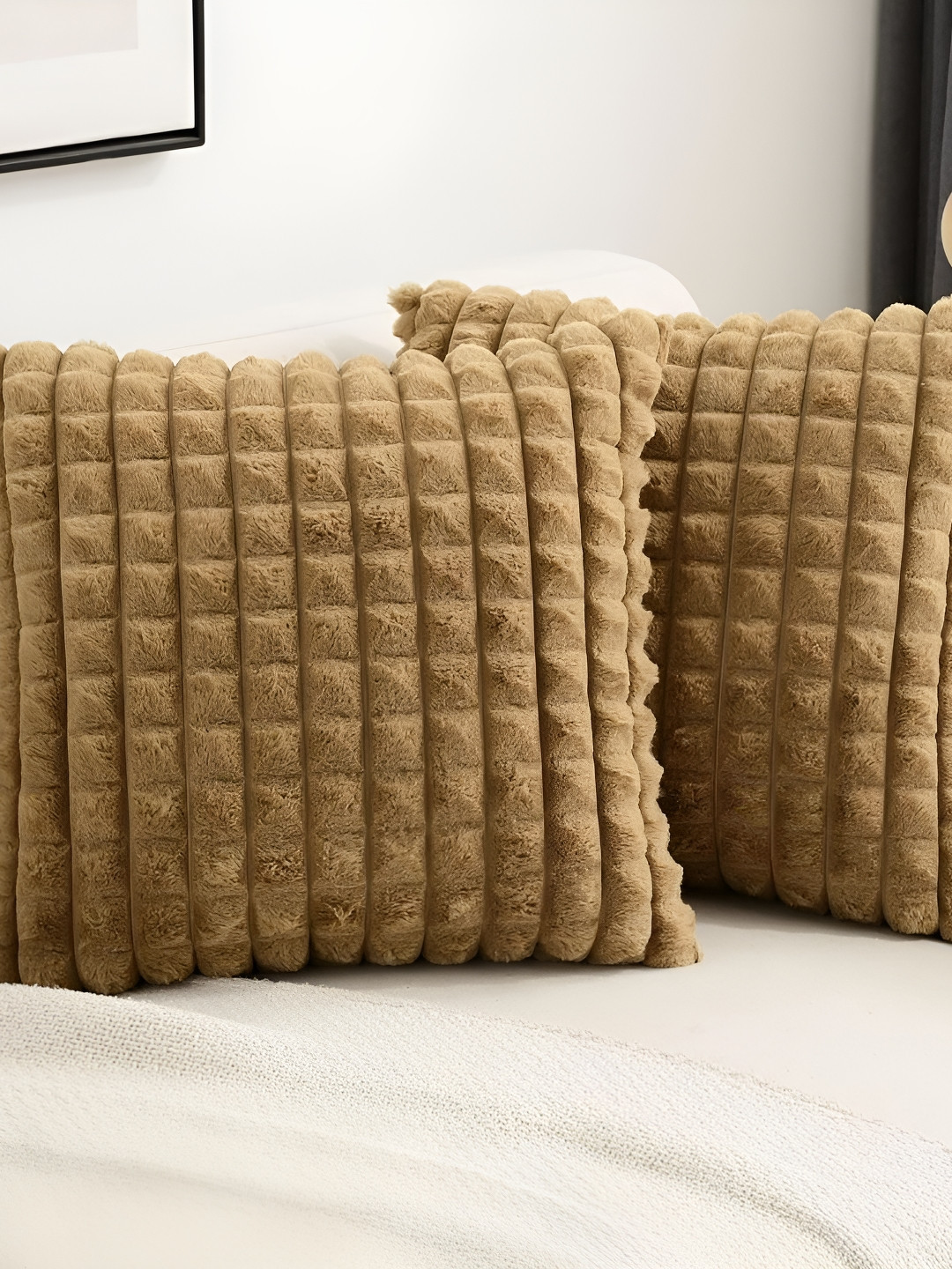 TANLOOMS Brown 2 Pieces Checked Velvet Square Cushion Covers