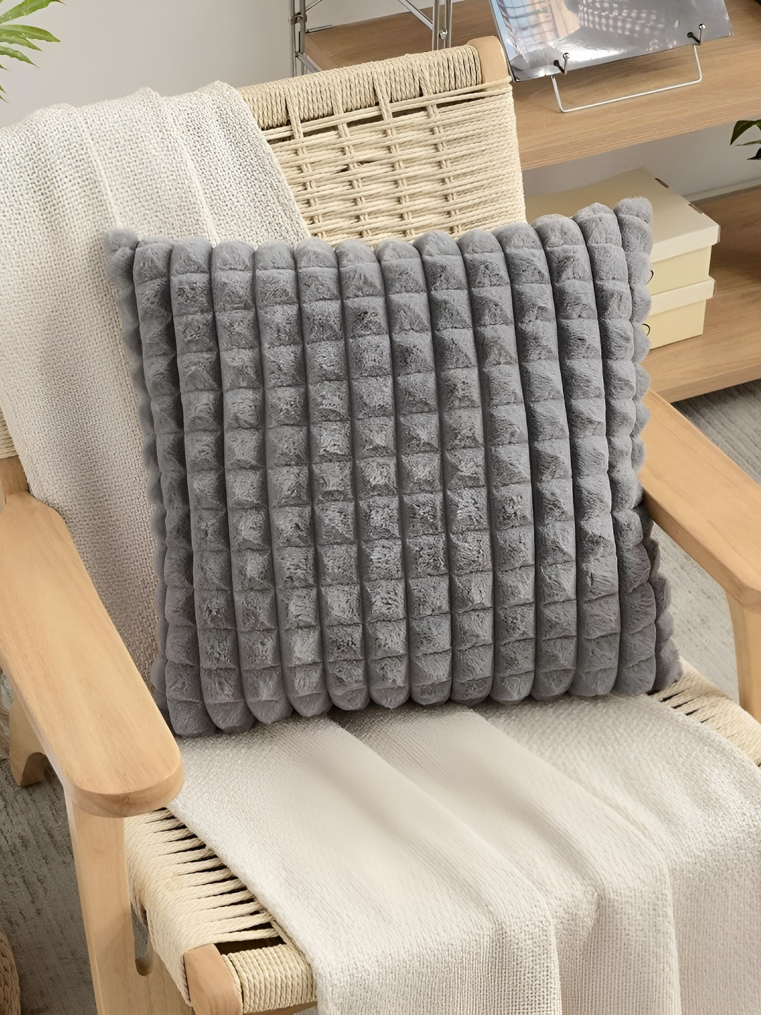 TANLOOMS Grey Checked Velvet Breathable Square Cushion Covers - 12 x 12 In