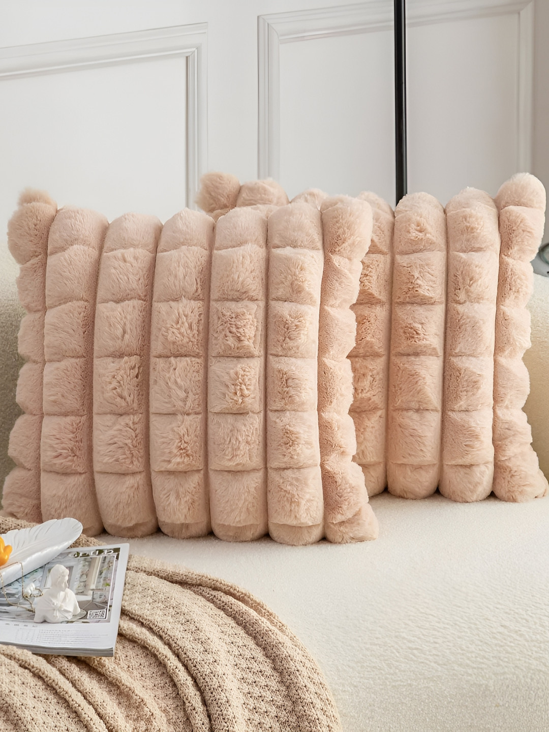 TANLOOMS Beige Checked Velvet Washable 2 Piece Textured Square Cushion Covers - 16x16In