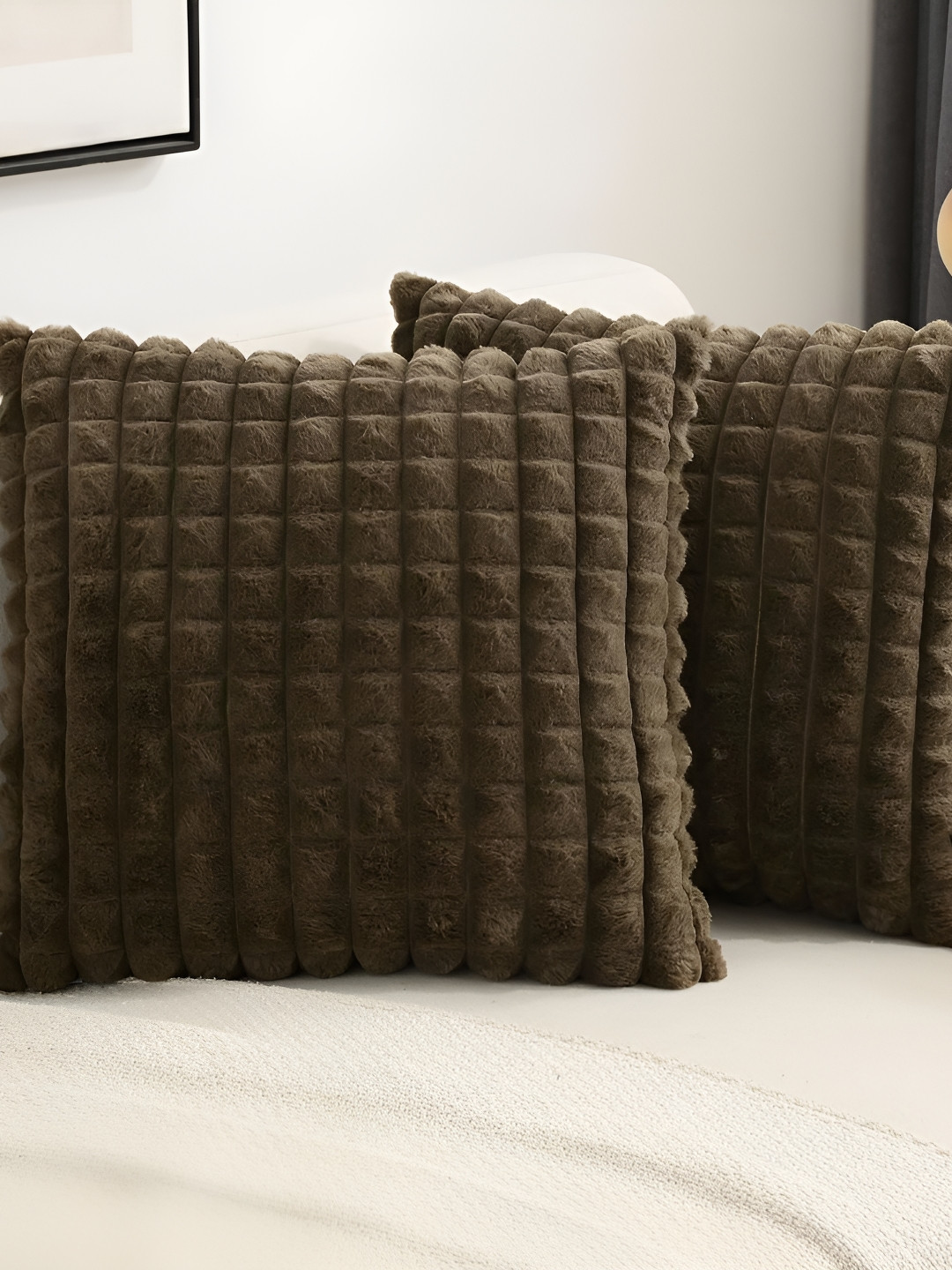 TANLOOMS Brown Checked Velvet Washable 2 Piece Square Cushion Covers - 16 x 16 Inches