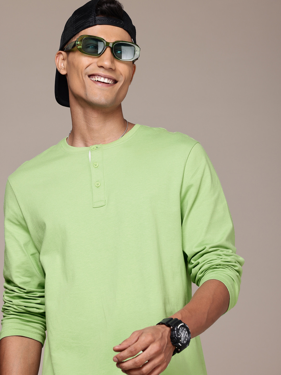 WROGN Men Henley Neck Pure Cotton Regular Fit T-shirt