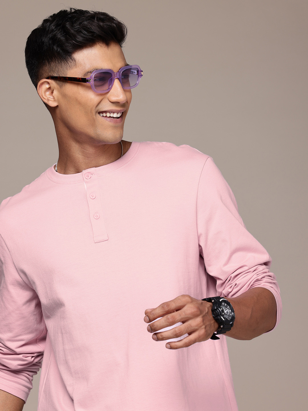 WROGN Men Henley Neck Pure Cotton Regular Fit T-shirt