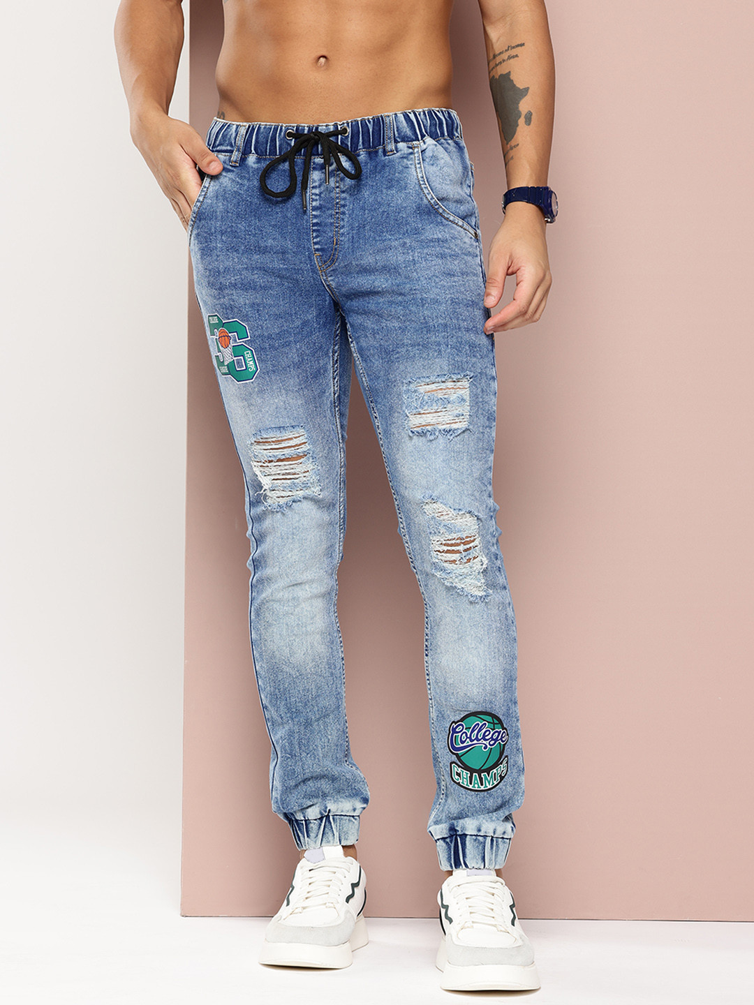 Harvard Men Mildly Distressed Printed Stretchable Slim Fit Jogger Style Jeans