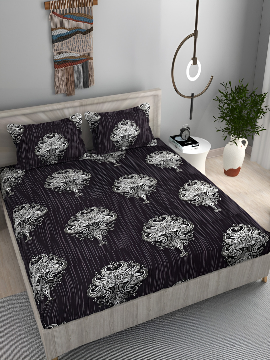 FINE TEX WORLD Black Ethnic Motifs Microfiber 210 TC Fitted King Fine Bedsheet with 2 Pillow Covers-78 x 72 inches