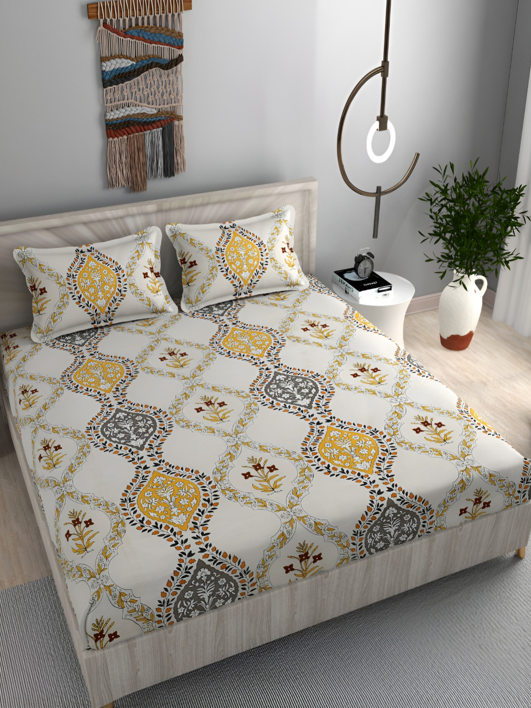 FINE TEX WORLD White Ethnic Motifs Microfiber 210 TC Fitted King Fine Bedsheet with 2 Pillow Covers-78 x 72 inches