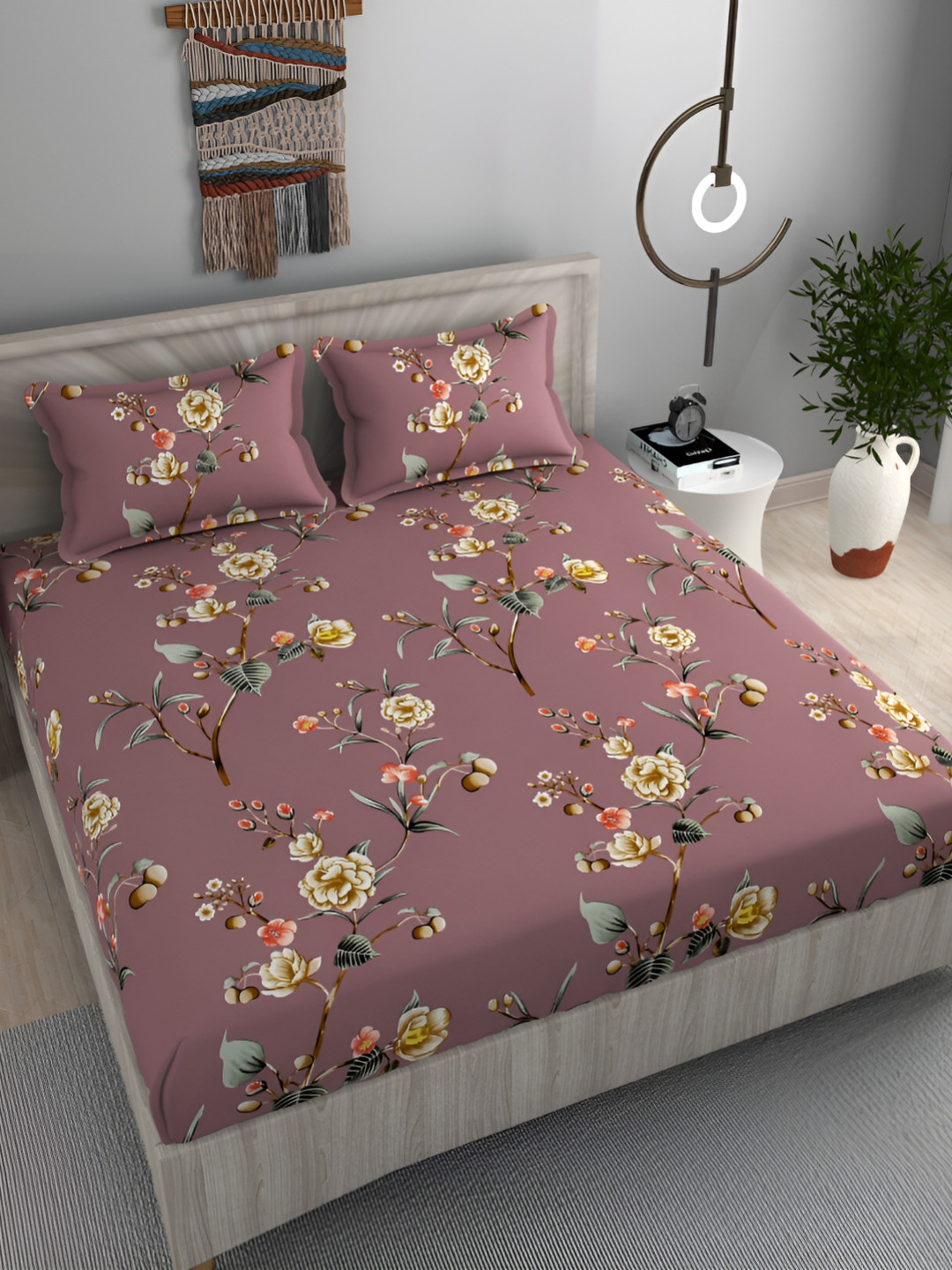 FINE TEX WORLD Purple Floral Microfiber 210 TC Fitted King Fine Bedsheet with 2 Pillow Covers-78 x 72 inches