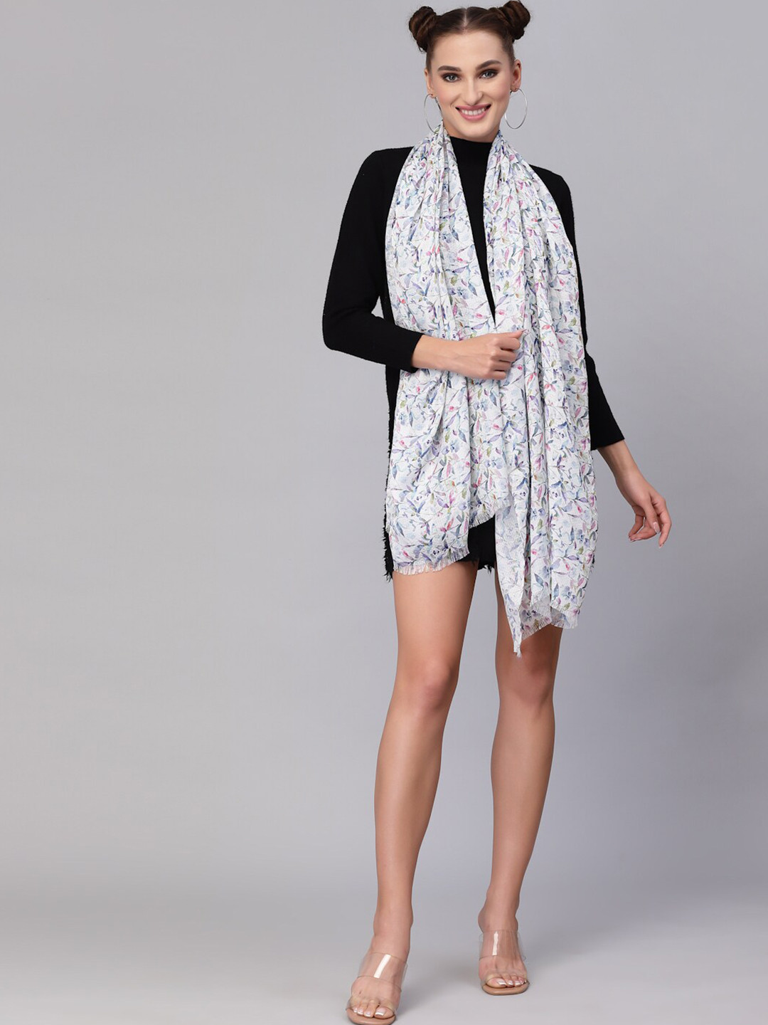 J Style Floral Printed Frayed Scarf