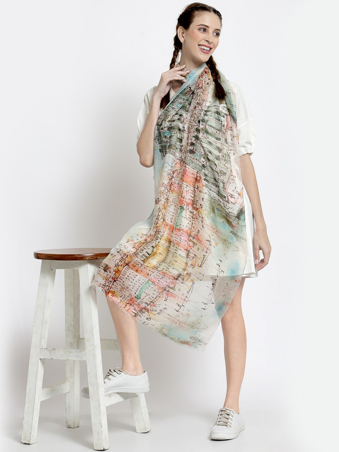 J Style Geometric Printed Frayed Scarf