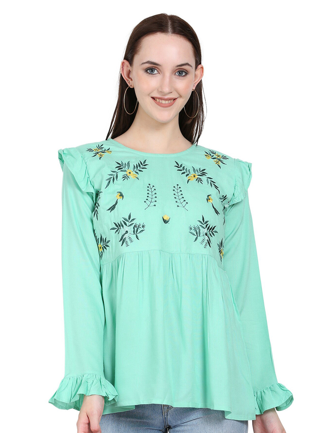 ANUTTARA FASHIONS Floral Embroidered Round Neck Long Bell Sleeves Top