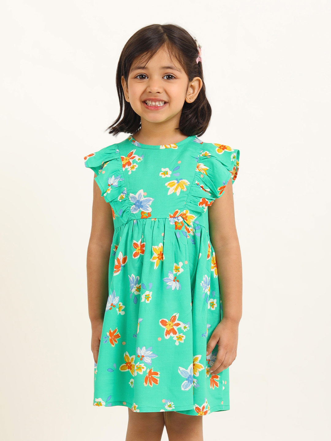 Campana Girls Short Sleeves Knee Length Fit and Flare Printed Viscose Rayon Dress