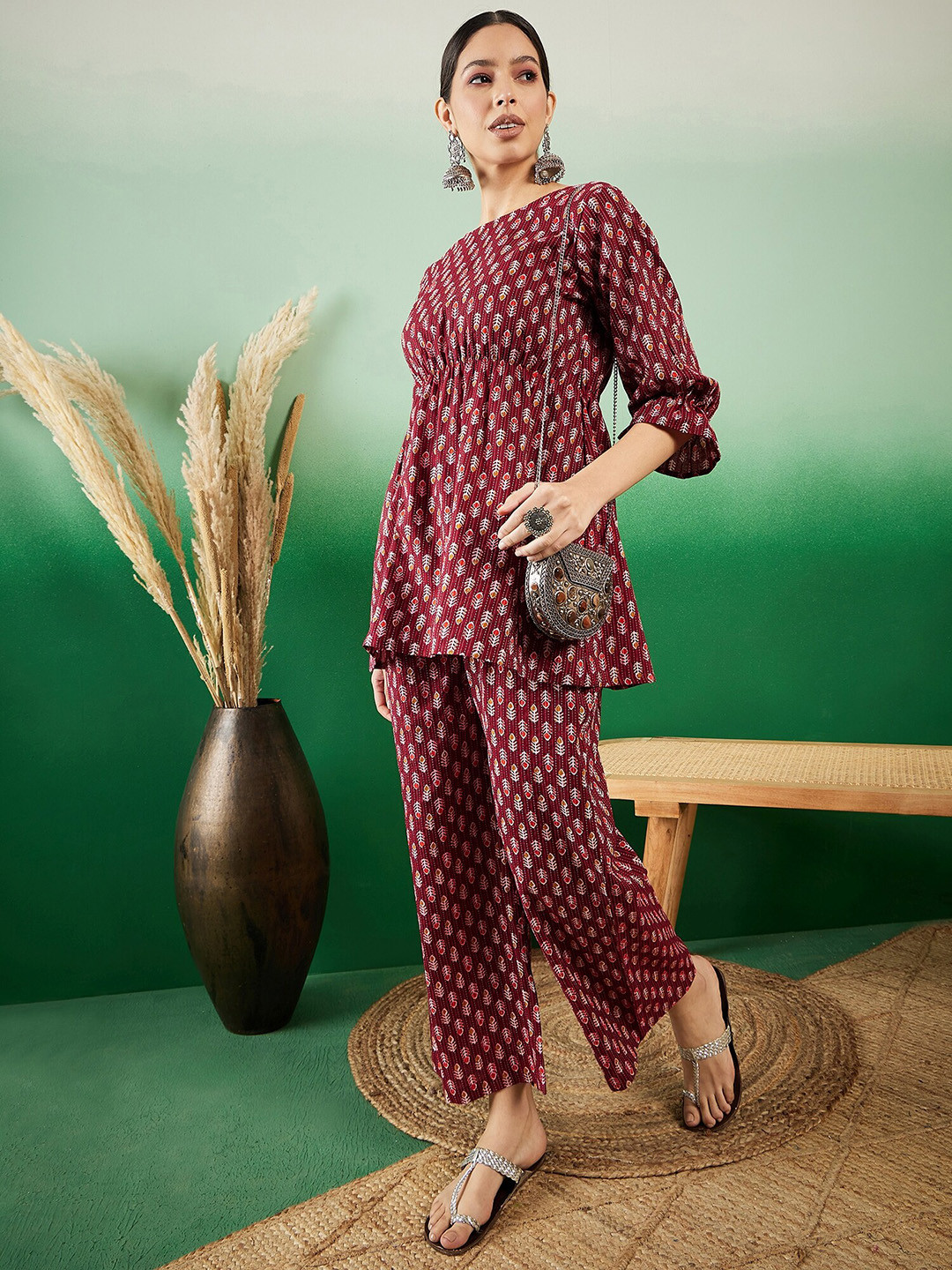 Sangria Kantha Printed Pure Cotton Boat Neck Tunic With Trousers