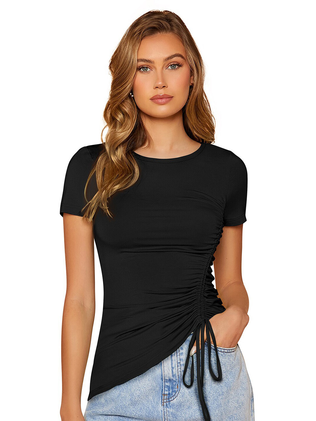 SANJANA  SILK Tie-Up Detailed Ruched Fitted Top