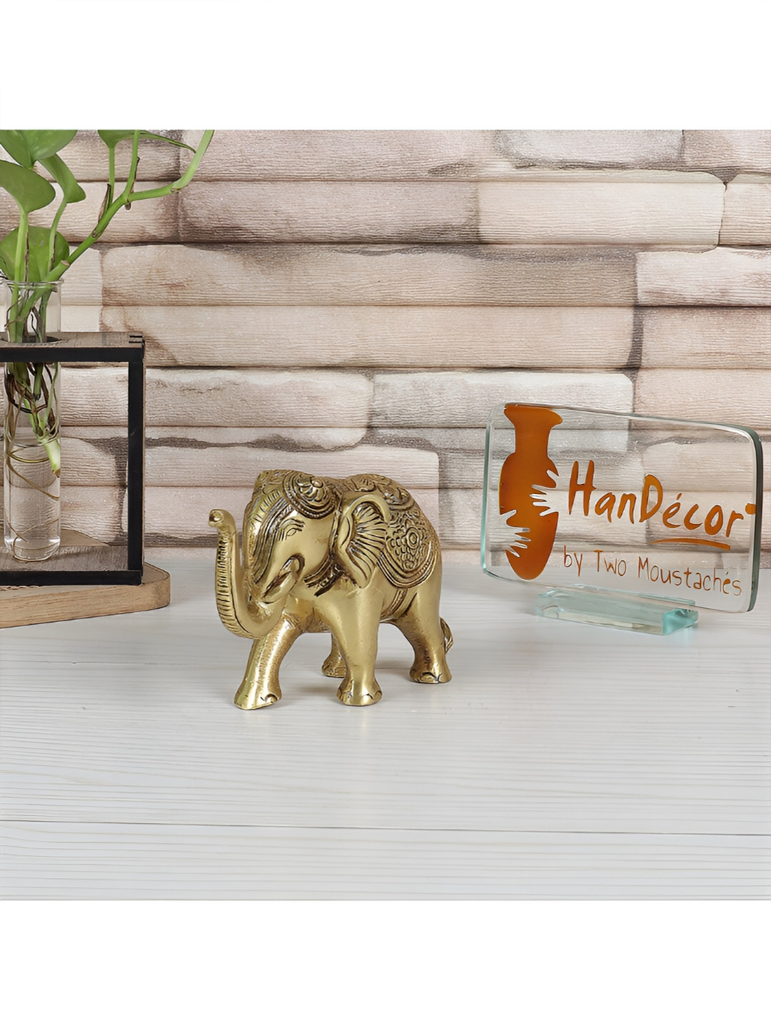 Two Moustaches Elephant Yellow Brass Metallic Living Room Hand-Crafted Tiny Showpiece - 3.3 Inches