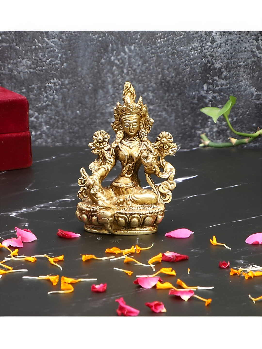 Two Moustaches Goddess Tara Devi Gold Brass Metallic Prayer Room Tiny Showpiece - 3.5 Inches