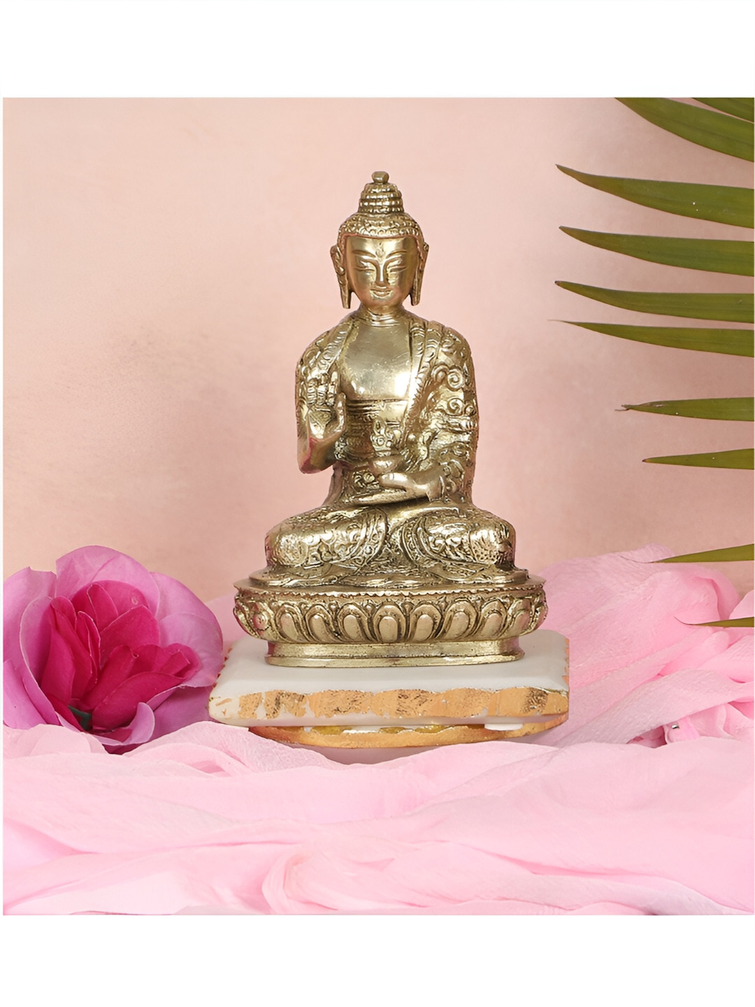 Two Moustaches Buddha in Aashirwaad Mudra Gold Brass Metallic Prayer Room Small Showpiece - 5.5 Inches