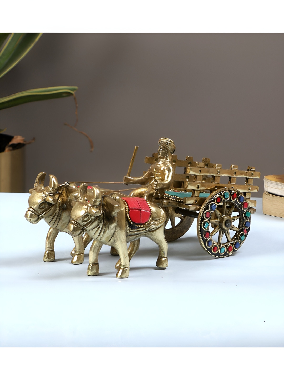 Two Moustaches Bullock Cart Beige Brass Metallic Living Room Small Showpiece - 3.4 Inches