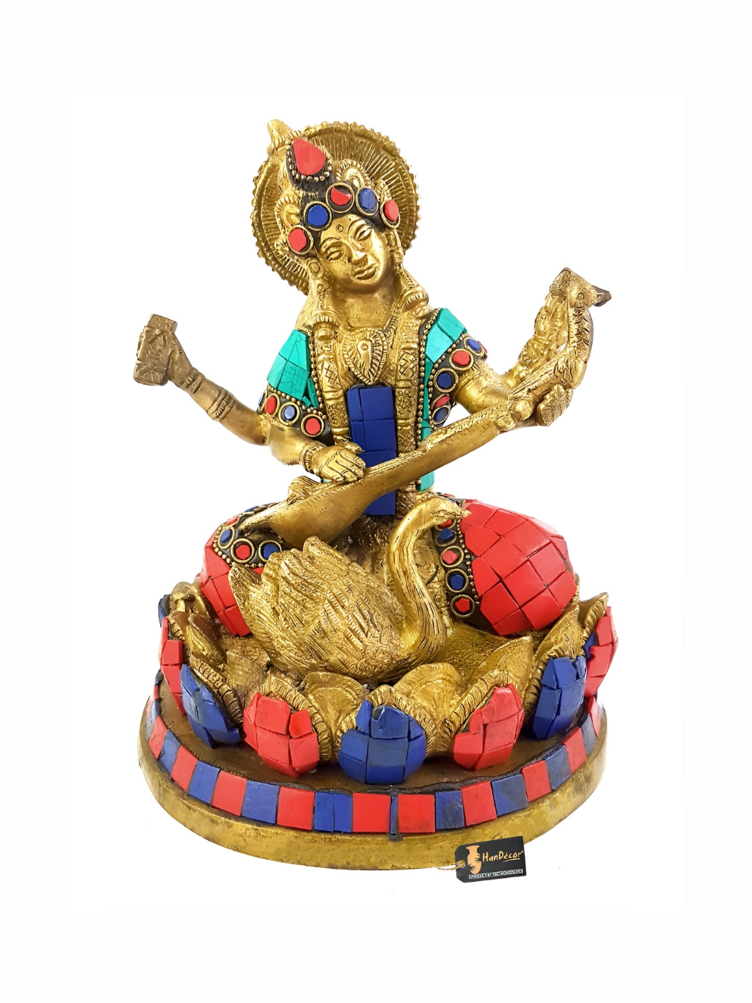 Two Moustaches Goddess Saraswati Gold Brass Metallic Prayer Room Small Showpiece - 7.4 Inches