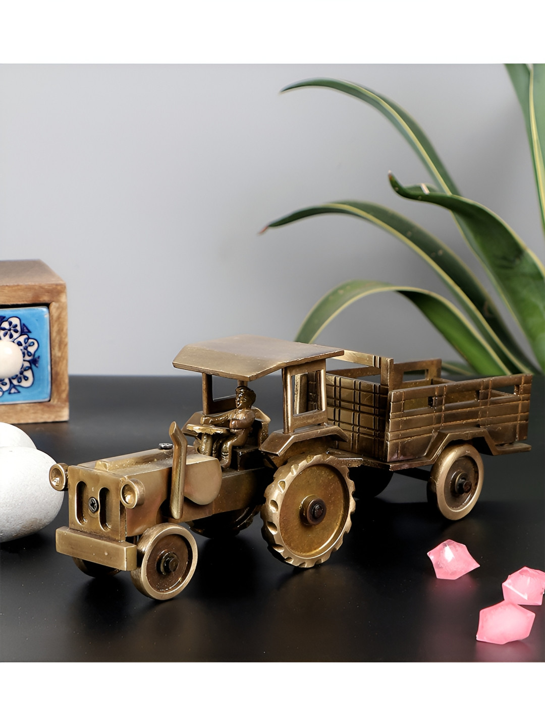 Two Moustaches Tractor with Trolley Brown Brass Metallic Living Room Medium Showpiece - 3.4 Inches