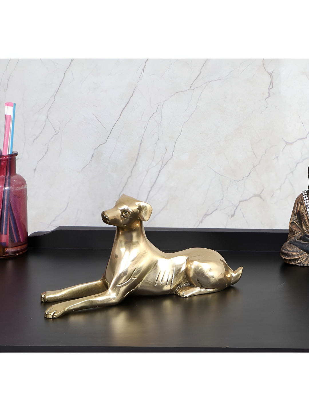 Two Moustaches Sitting Dog Gold Brass Metallic Living Room Small Showpiece - 4.4 Inches