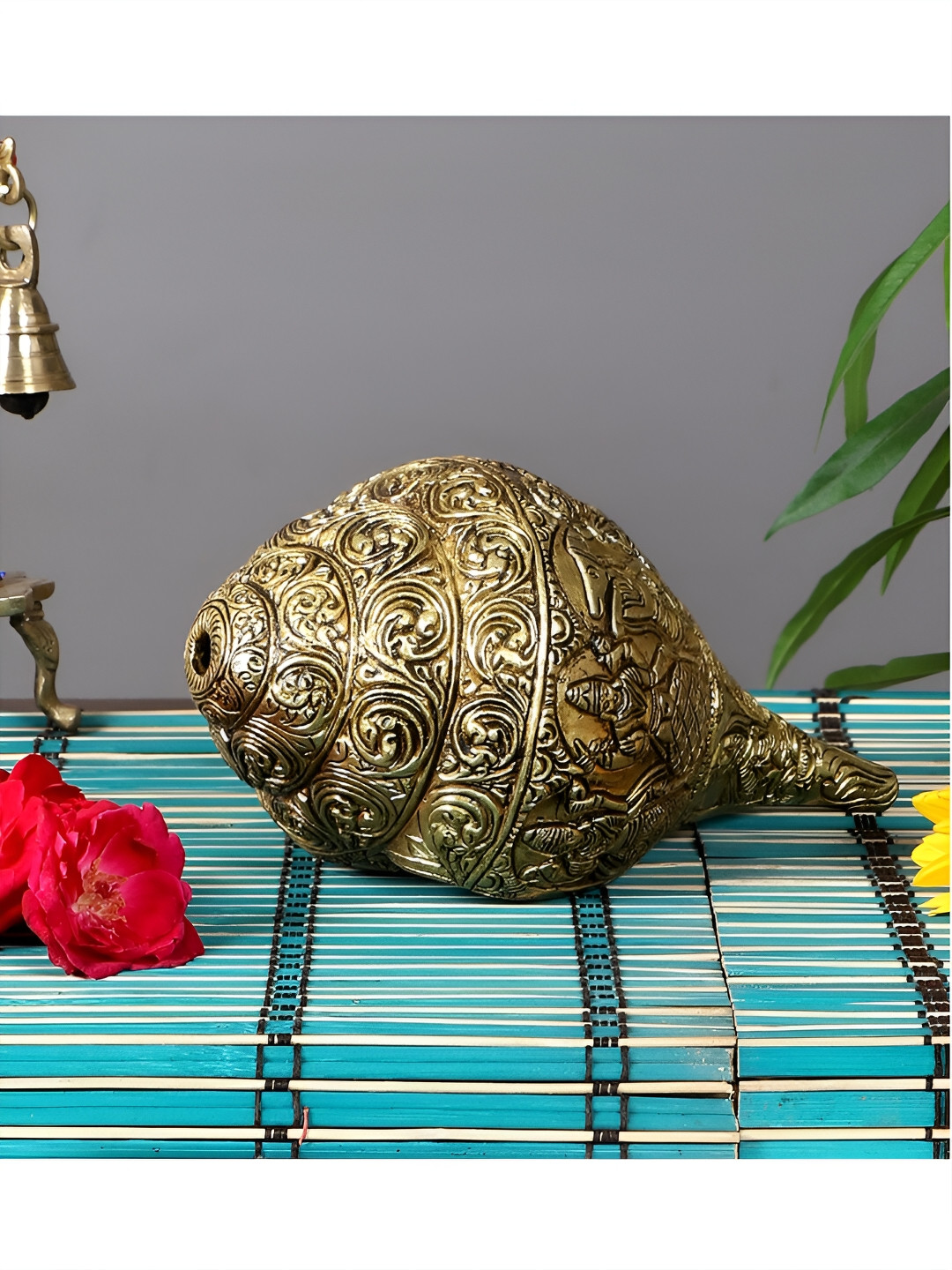 Two Moustaches Vishnu Dashavatara Carved on Shankh Gold Brass Metallic Prayer Room Tiny Showpiece - 3.4 Inches