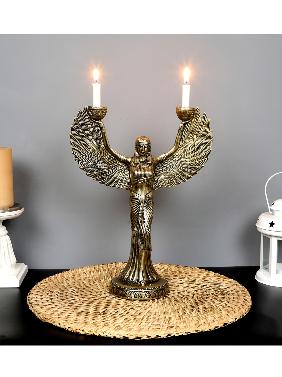 Two Moustaches Goddess isis with Candle Holder Gold Brass Metallic Prayer Room Medium Showpiece - 11.4 Inches