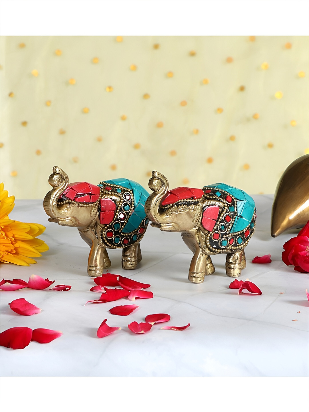 Two Moustaches Elephant Gold Brass Metallic Living Room Hand Made Set of 2 Tiny Showpieces - 2.8 Inches