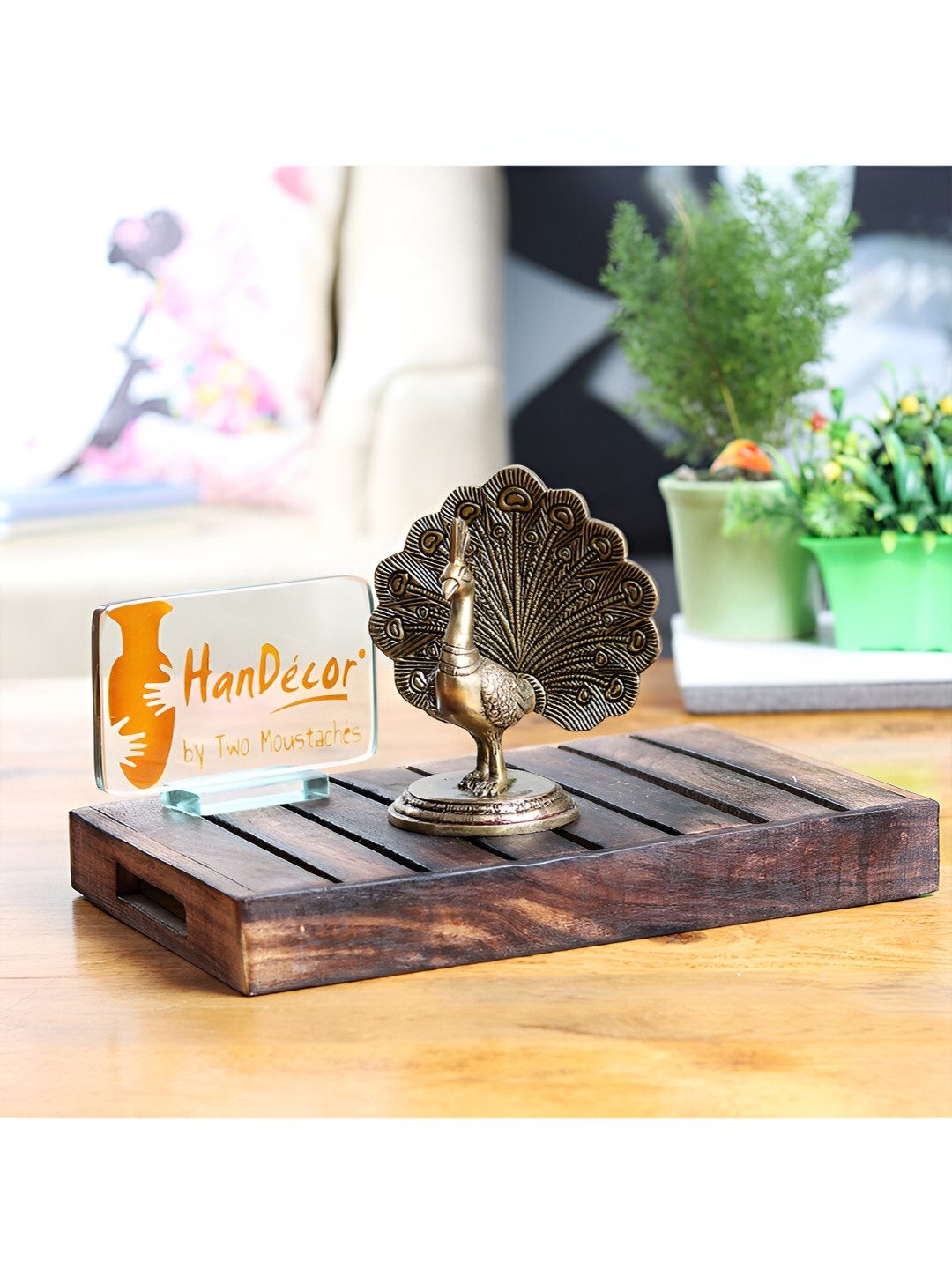 Two Moustaches Dancing Peacock Gold Brass Metallic Home Office Small Showpiece - 4.9 Inches