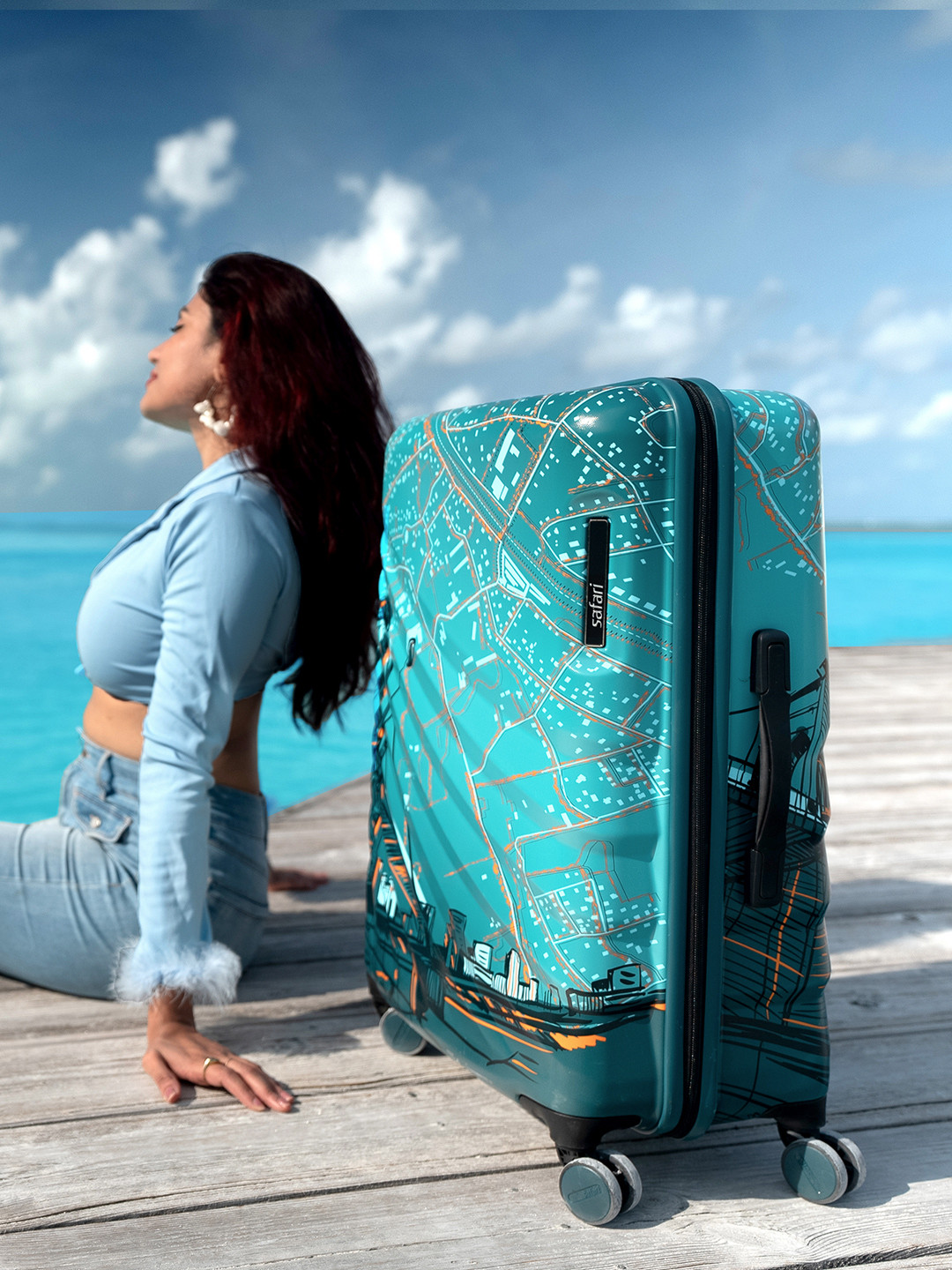 Safari Select Brooklyn Teal Printed Polycarbonate with TSA Lock Cabin Trolley Bag 55 Cm