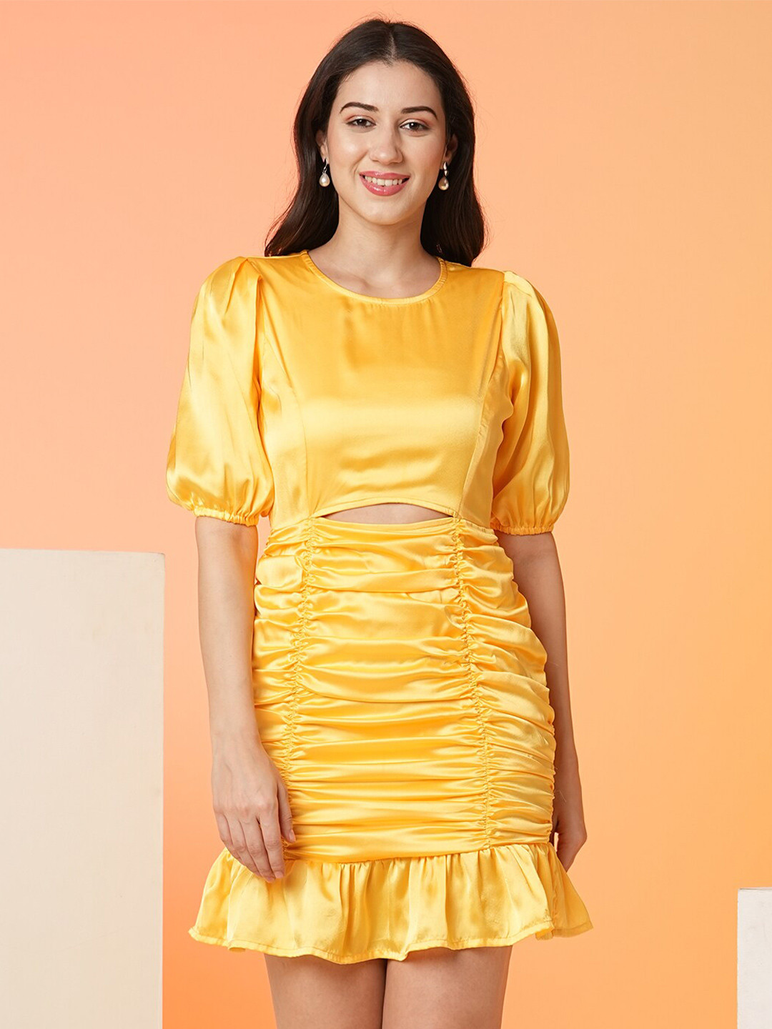 Globus Yellow Puff Sleeves Ruched Cut-Outs Satin Bodycon Party Dress