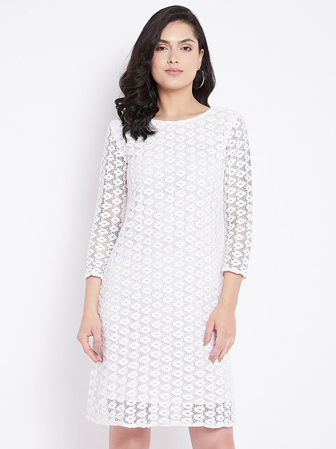 Ruhaans White Geometric Knee Length Three-Quarter Sleeves Dress