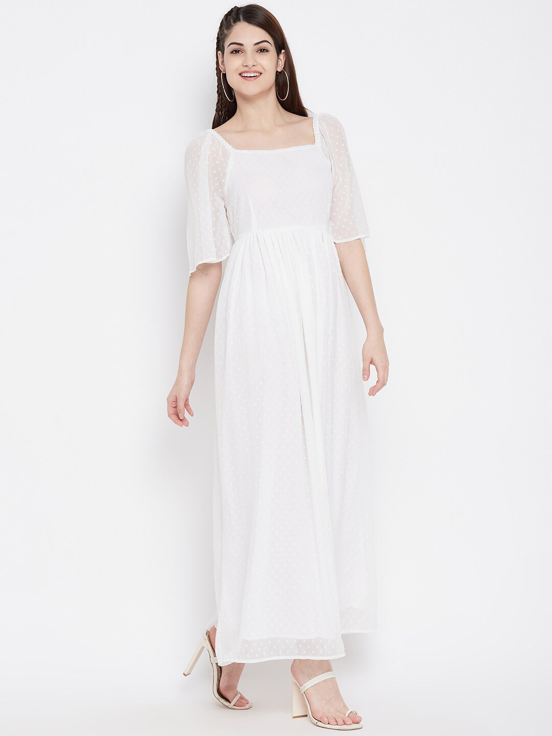 Ruhaans Solid Self Design Square Neck Three-Quarter Sleeves Chiffon Maxi Dress
