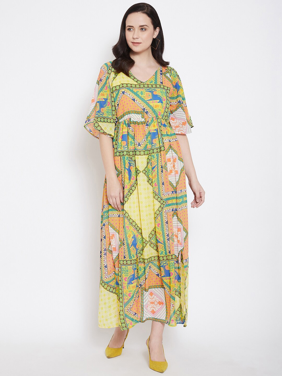 Ruhaans Abstract Print Short Flared Sleeve Georgette Maxi Dress