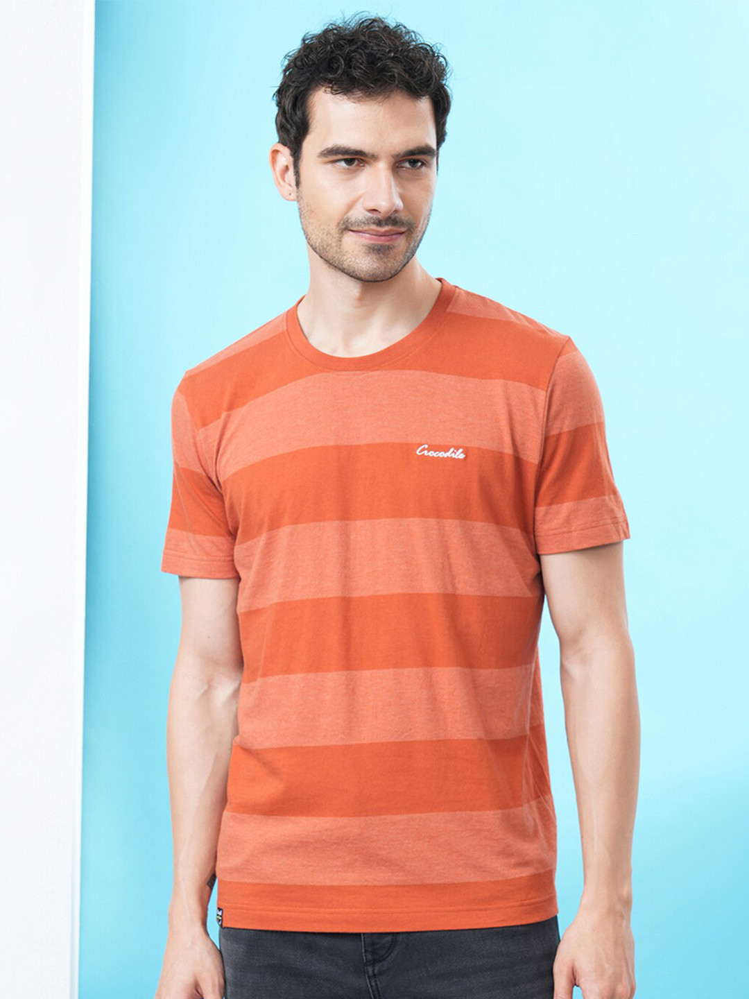 Crocodile Striped Round Neck Cotton Slim Fit T-shirt