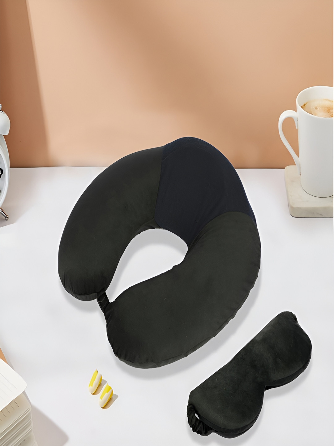 Kuber Industries Black Solid Cotton Set of 2 Medium Microfiber Travel Pillow with Eye Mask-34 x 36 cm
