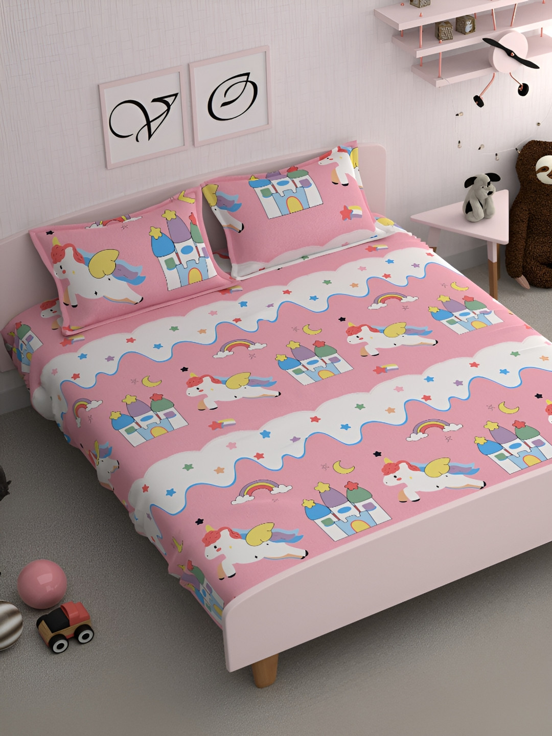 CHHAVI INDIA Pink & White Cartoon Characters 210 TC Queen Bedsheet with 2 Pillow Covers