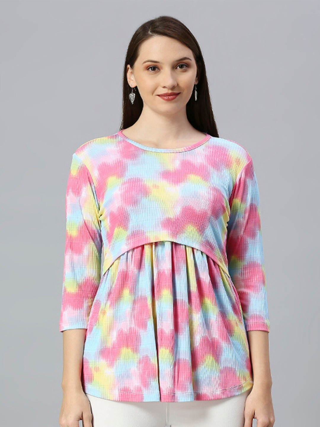 True Shape Abstract Printed Gathered or Pleated Cotton Maternity Top