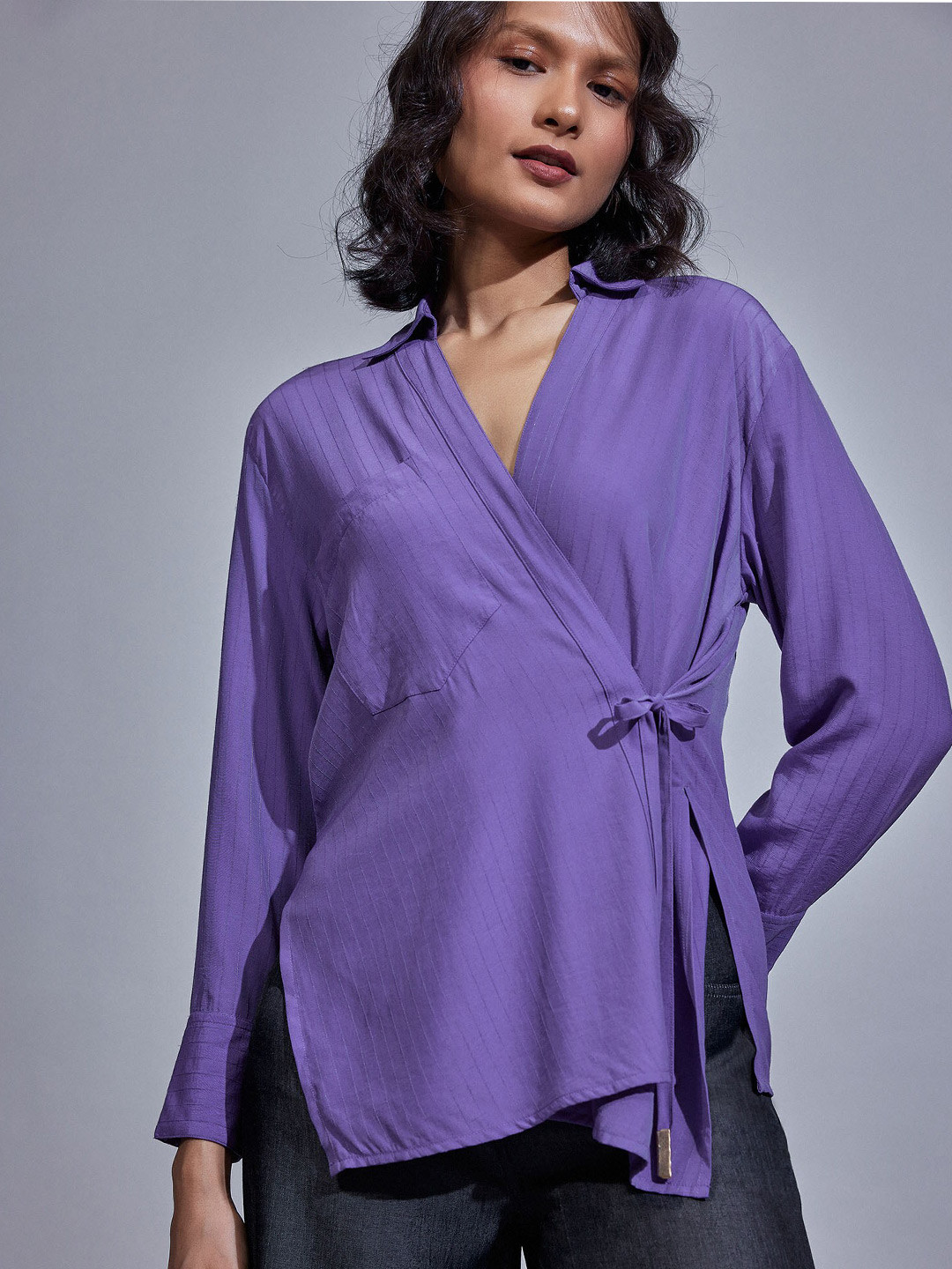 The Label Life Shirt Collar Tie Up Wrap Top