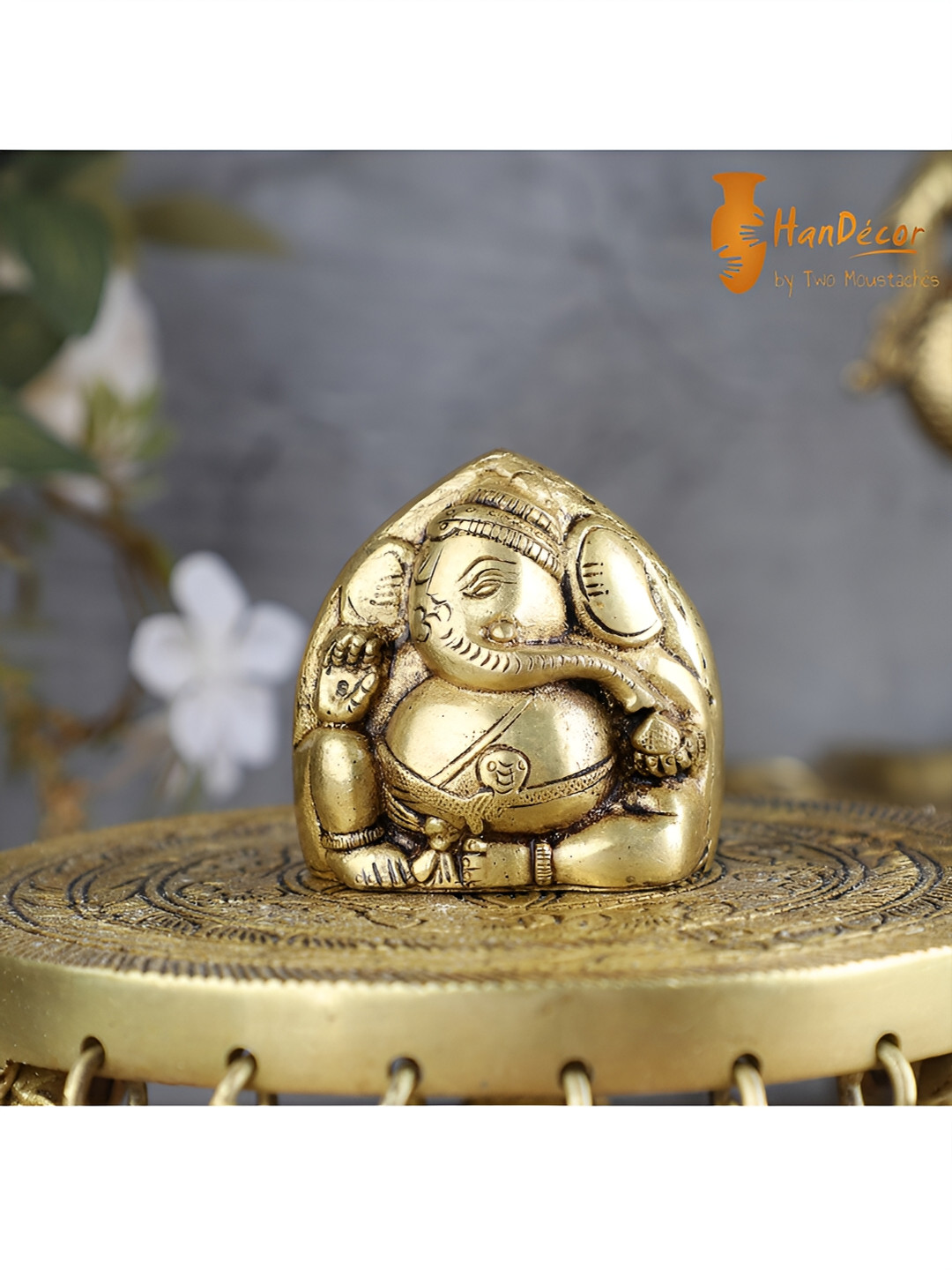 Two Moustaches Twin Faced Ganesha Paperweight Gold Brass Metallic Prayer Room Tiny Showpiece - 2.4 Inches