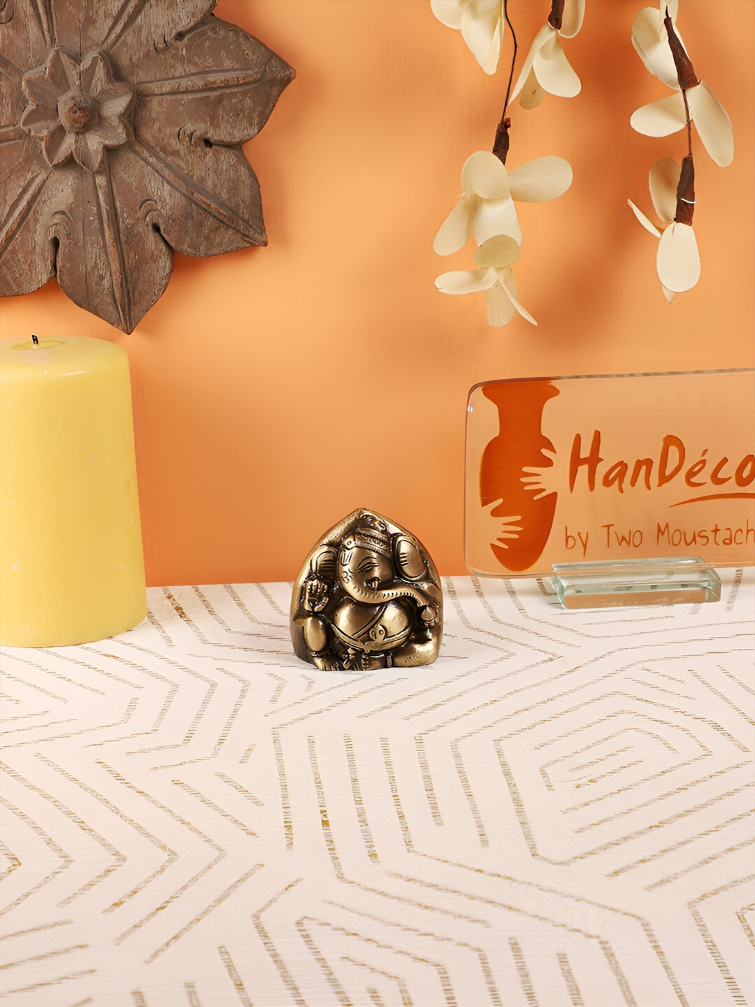 Two Moustaches Twin Faced Ganesha Paperweight Brown Brass Metallic Prayer Room Tiny Showpiece - 2.4 Inches