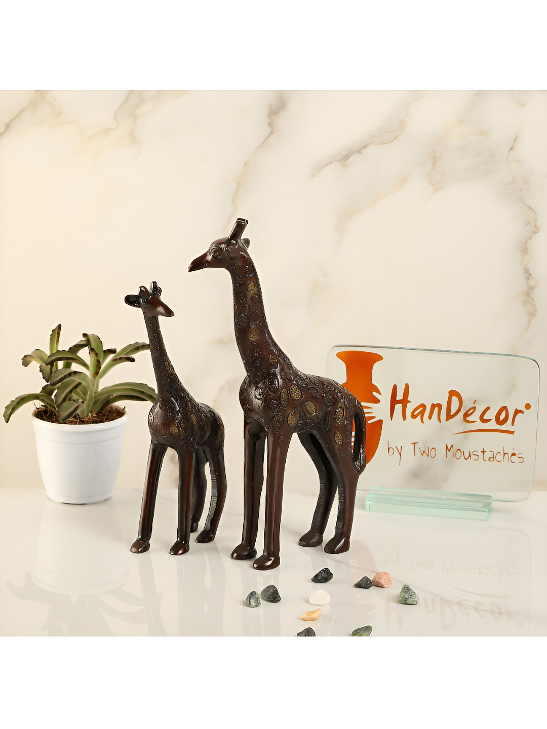 Two Moustaches Giraffe Pair Brown Brass Metallic Living Room Set of 2 Medium Showpieces - 8.9 Inches