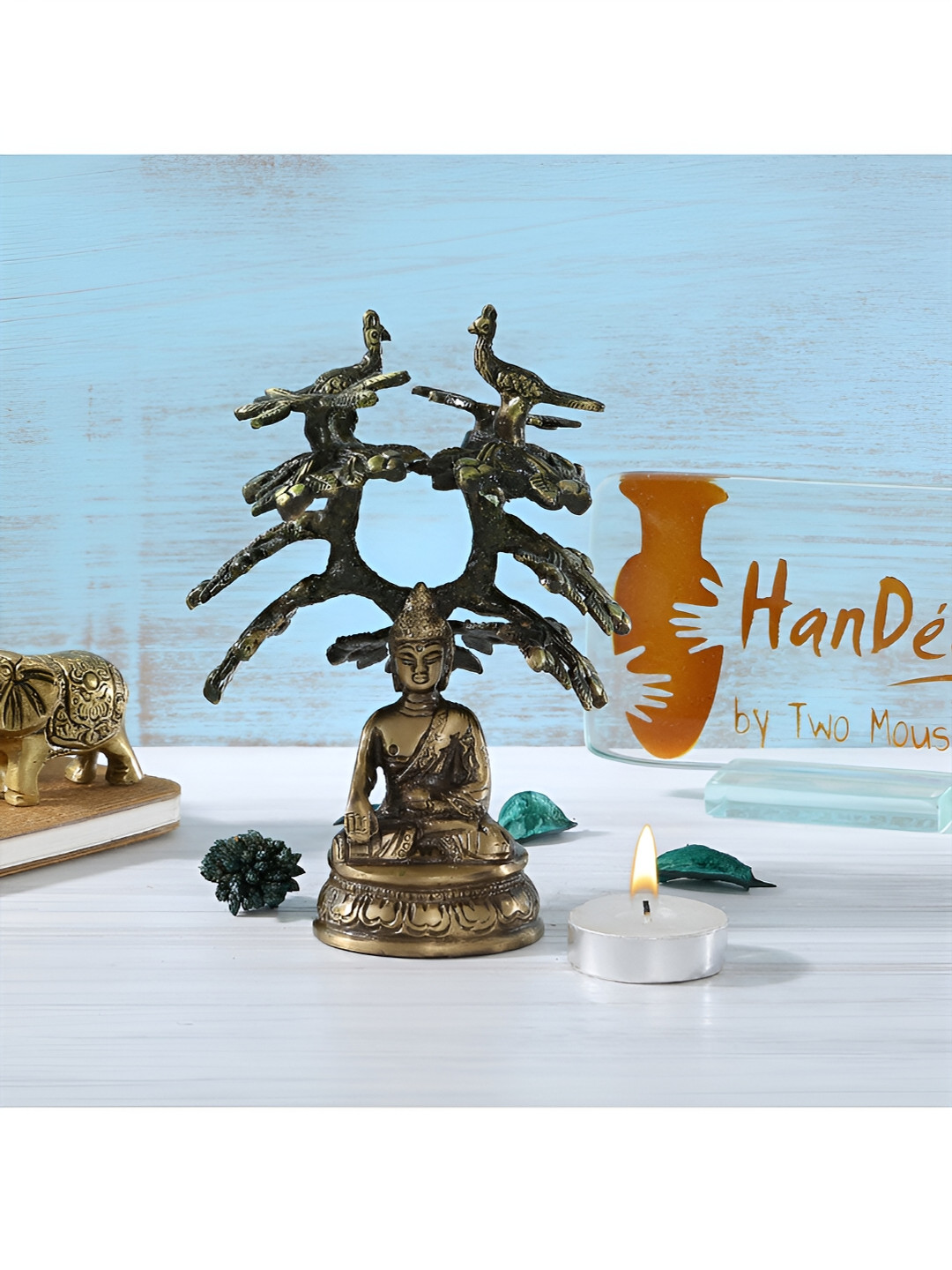 Two Moustaches Meditating Buddha Under Bodhi Tree Green Brass Metallic Garden Small Showpiece - 5.4 Inches