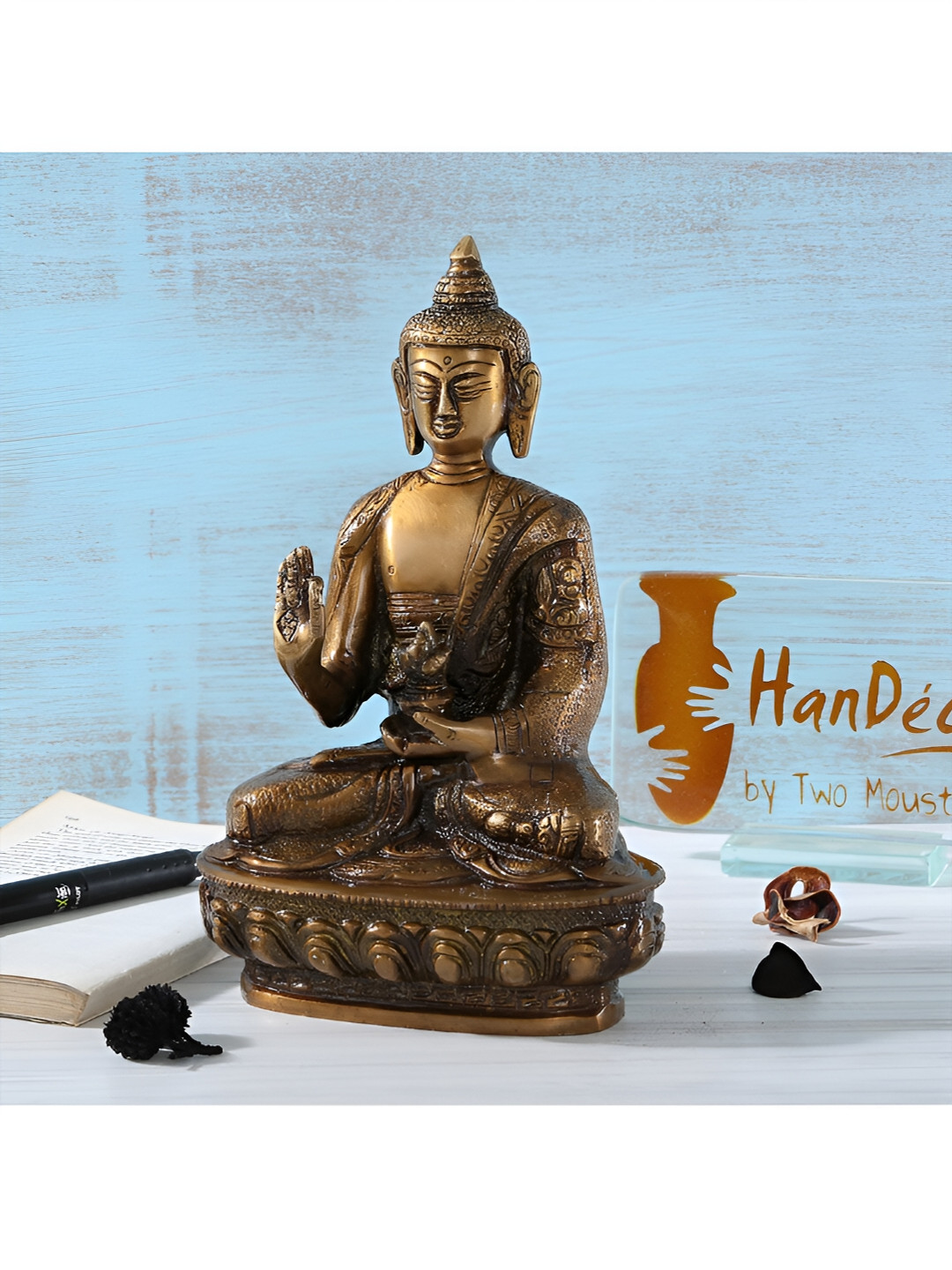 Two Moustaches Buddha Brown Brass Metallic Living Room Medium Showpiece - 7.9 Inches