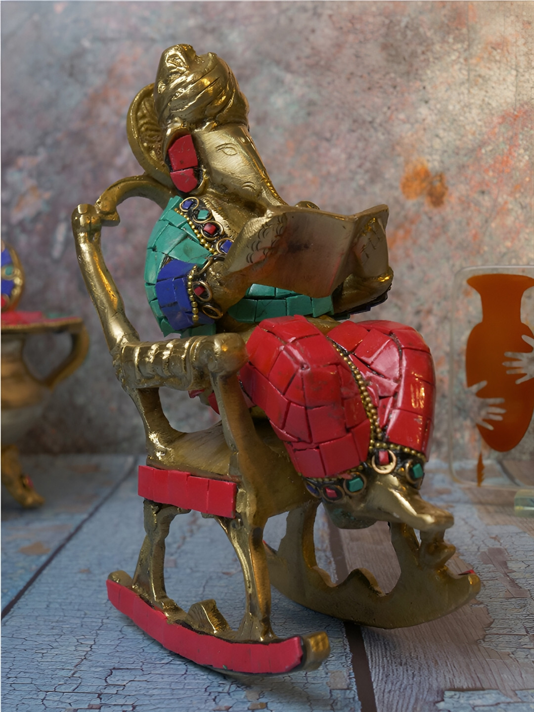Two Moustaches Ganesha On Rocking Chair Gold Brass Metallic Prayer Room Small Showpiece - 6.9 Inches