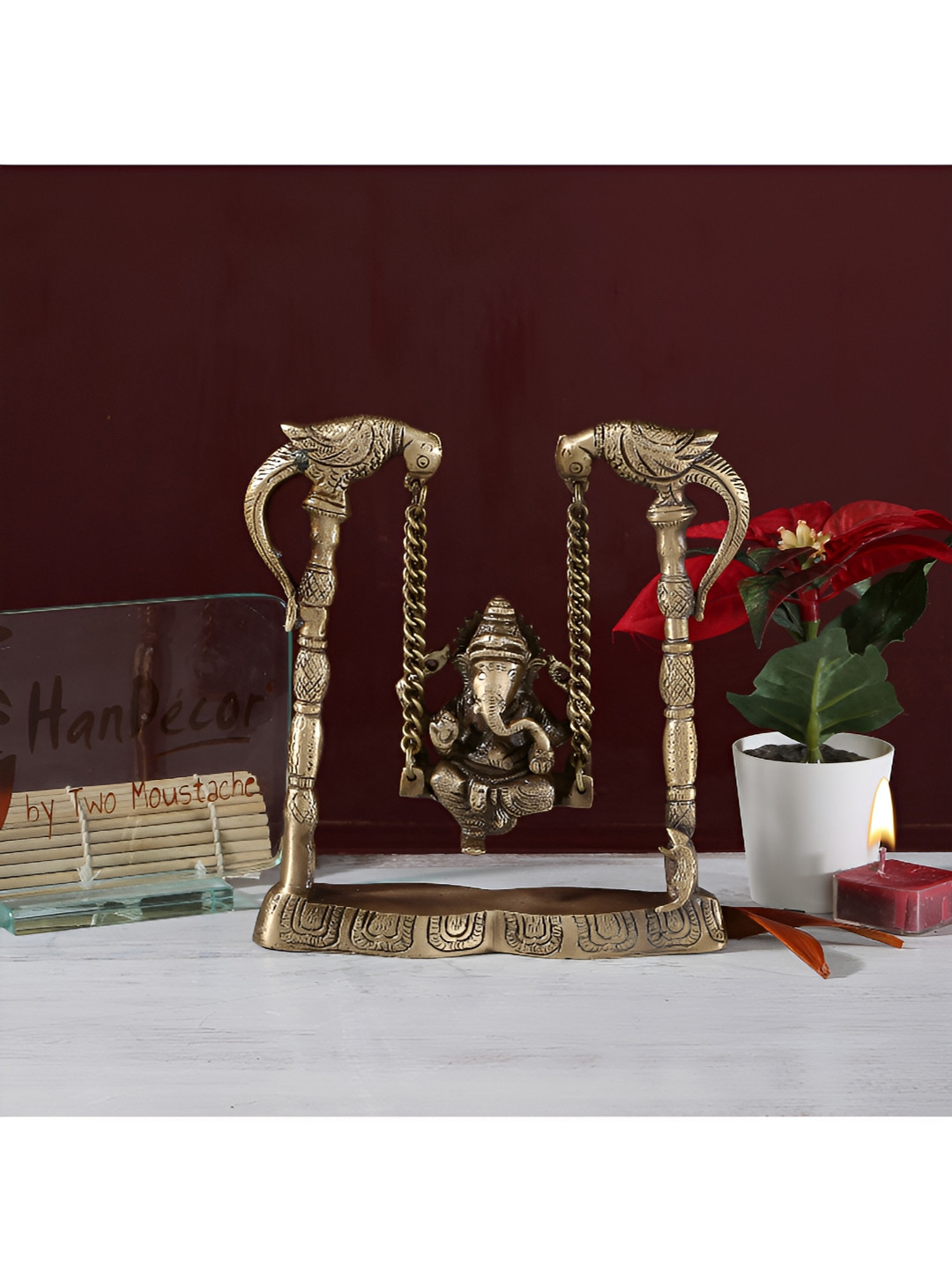 Two Moustaches Ganesha On Peacock Swing Jhoola Brown Brass Metallic Prayer Room Medium Showpiece - 7.4 Inches